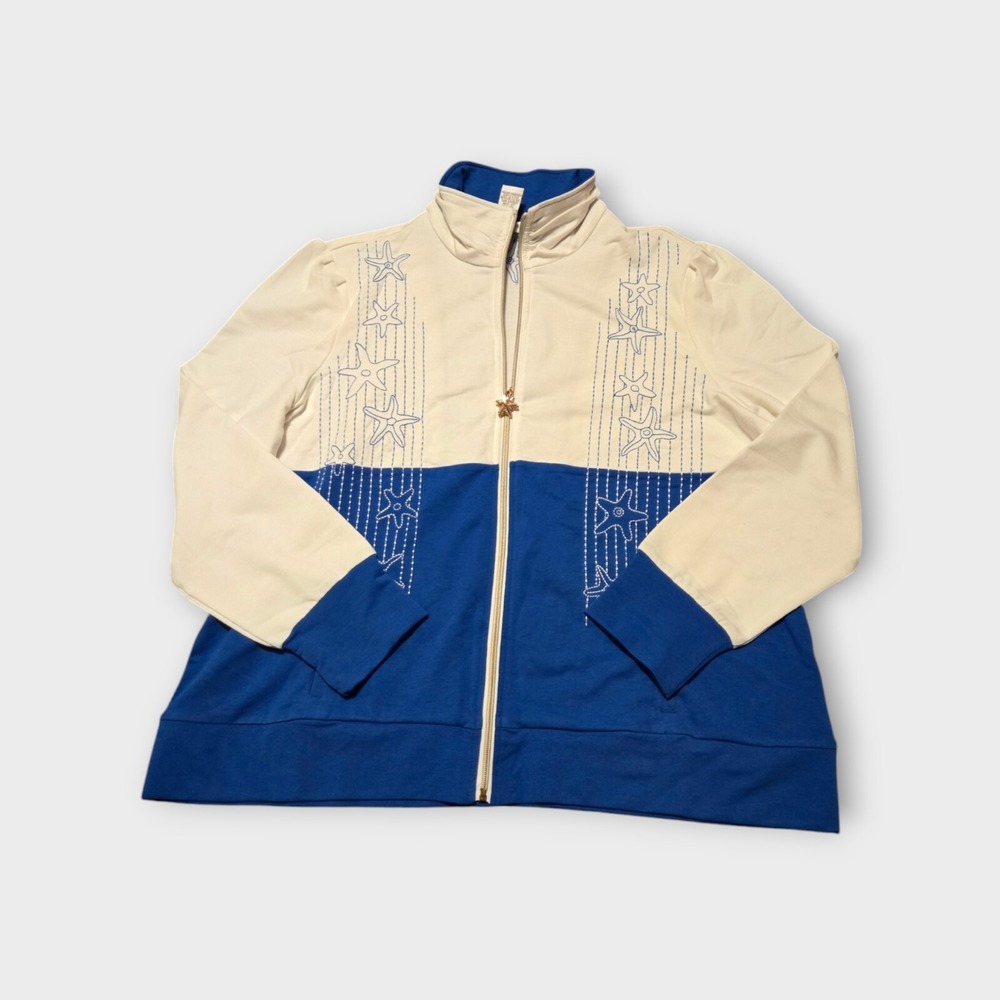 D&D Lifestyle Full Zip Sweater Womens Top XL White & Blue Long Sleeve